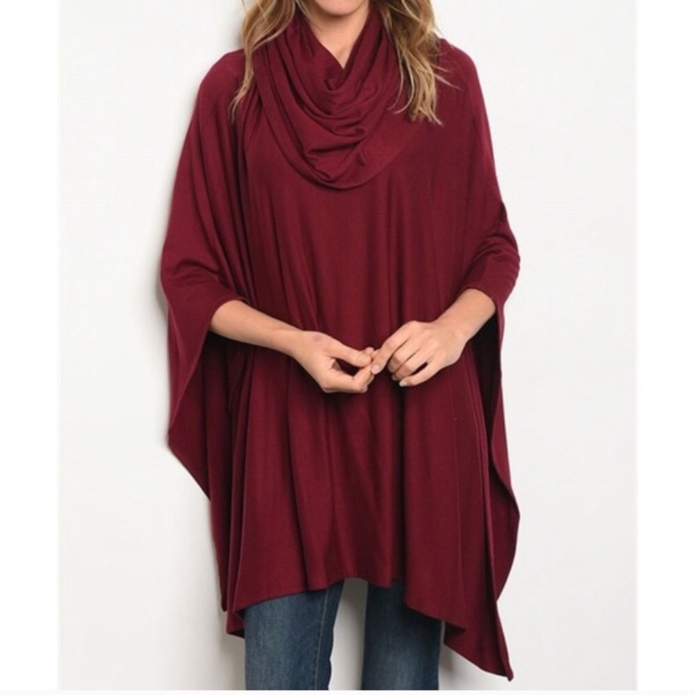 Cowl Neck Poncho - Wine